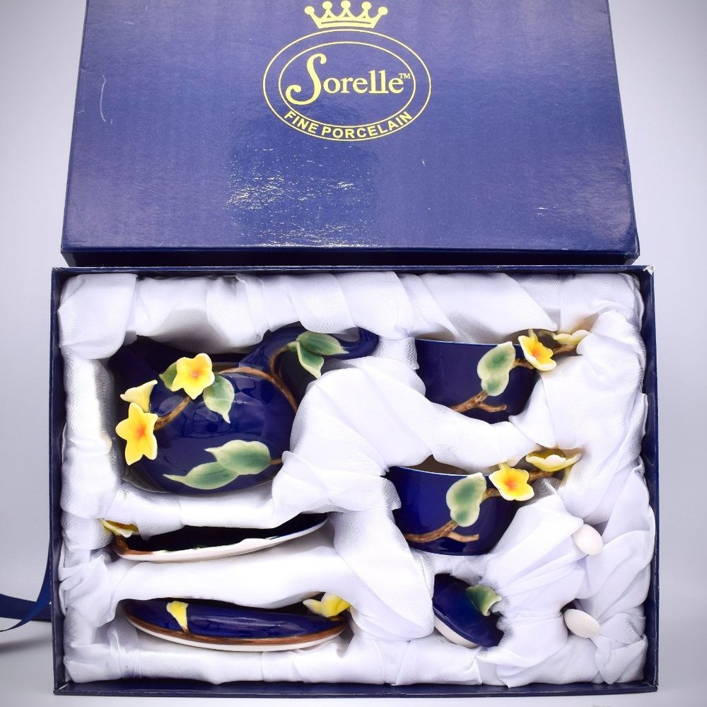 Sorelle Fine Porcelain Cobalt Blue Tea Set Jasmine Demitasse Teapot Cup Saucer